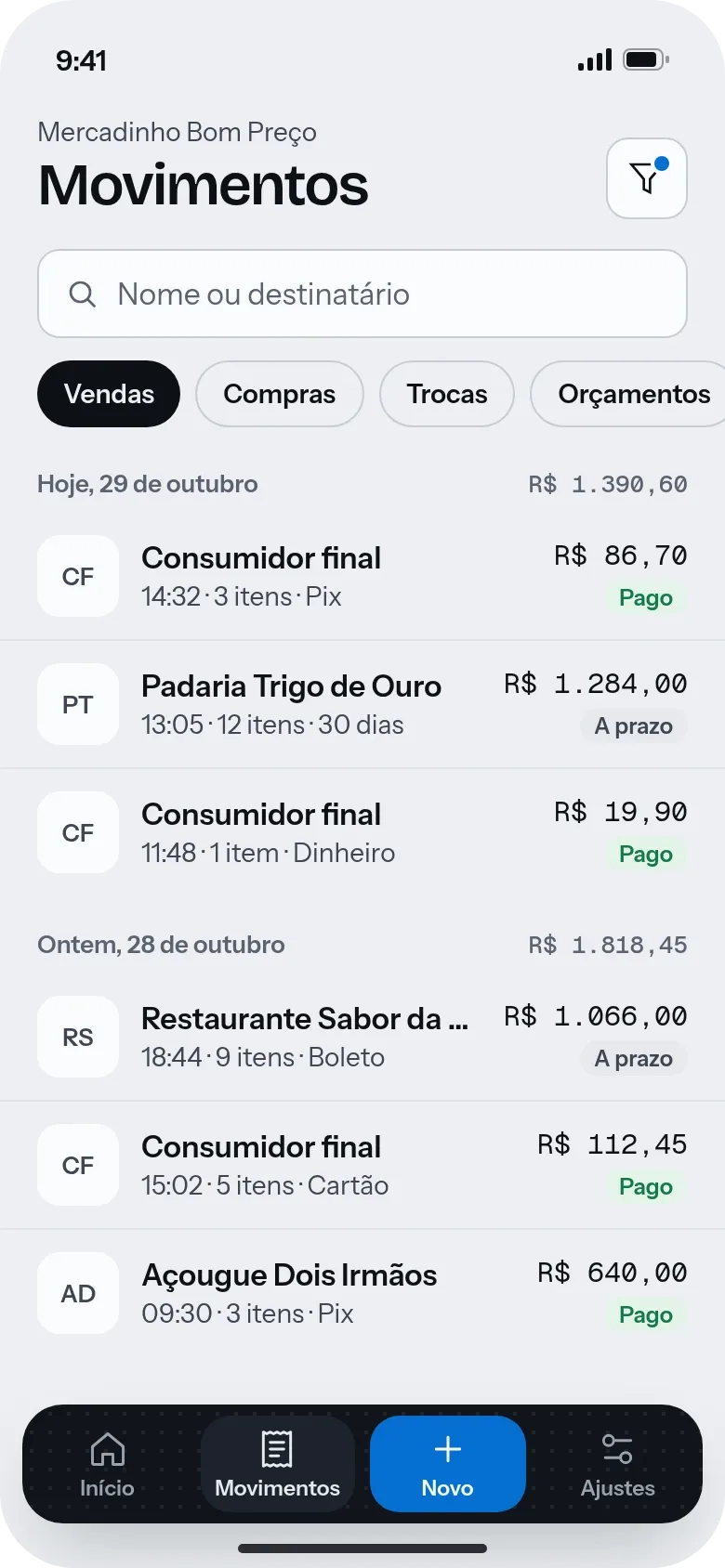 Lista de movimentos no app do Protos