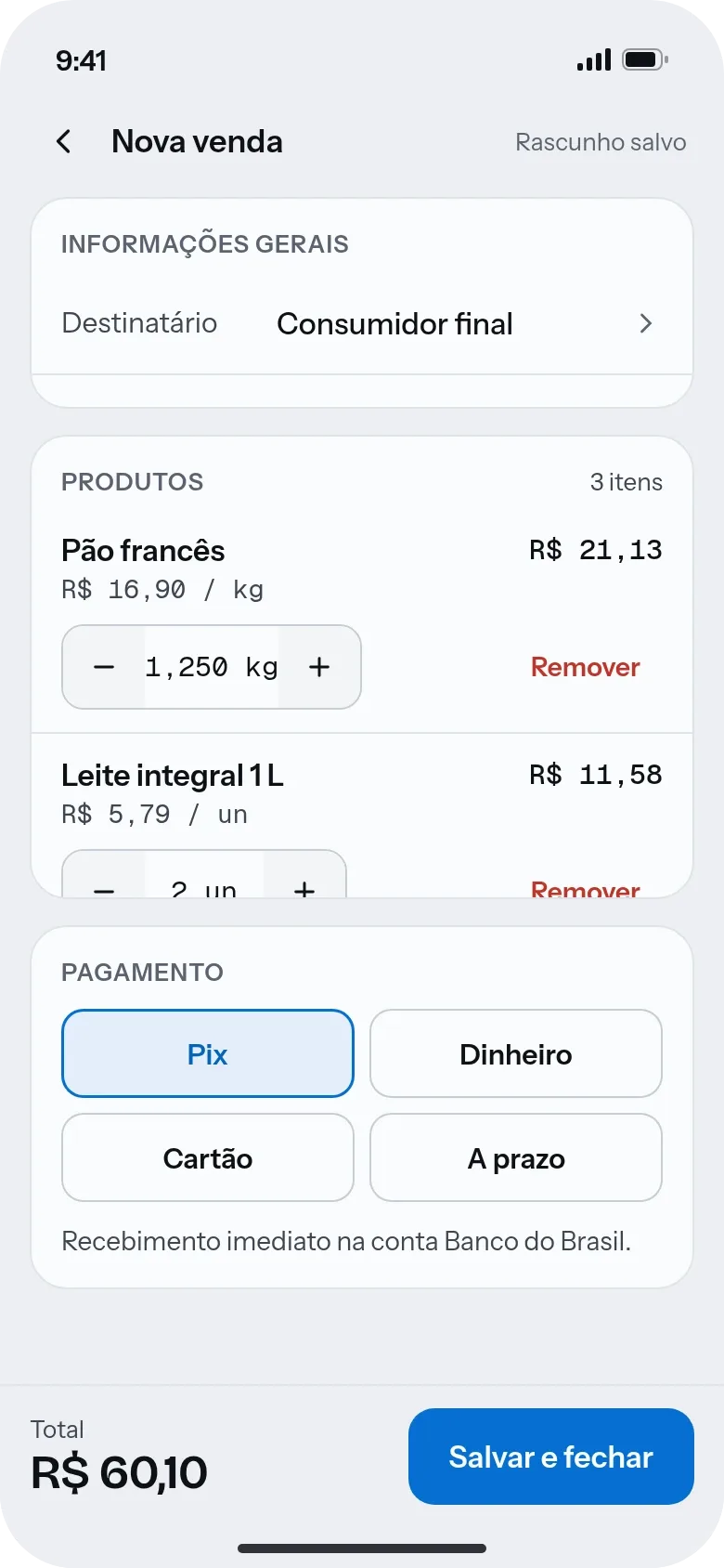 Nova venda no app do Protos