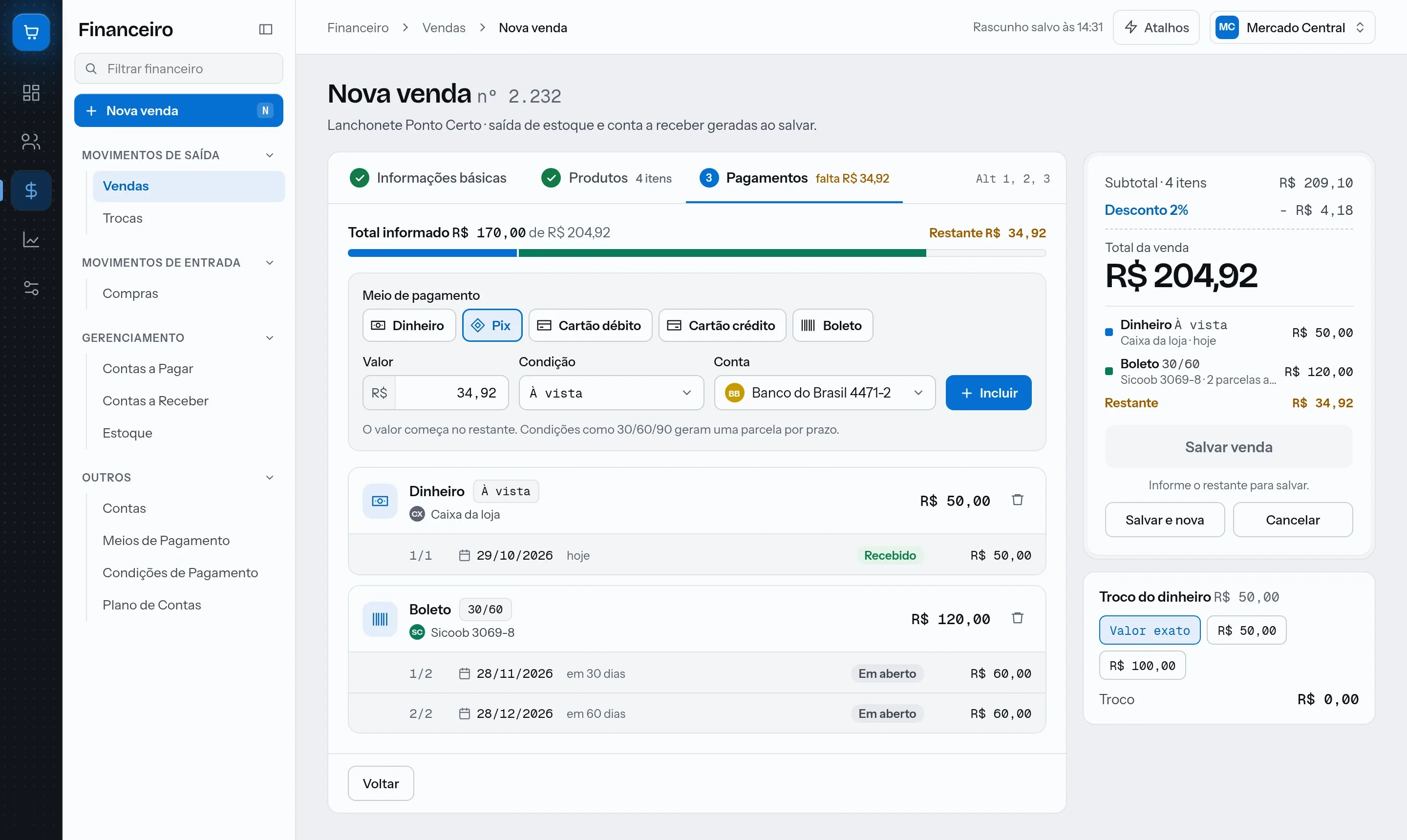 Tela de nova venda no Protos com pagamento dividido